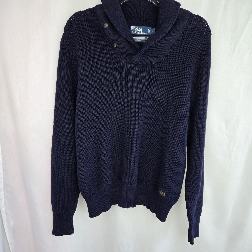 Polo Ralph Lauren Sweater Mens Size L Navy Shawl Collar Cotton Knit Pullover
